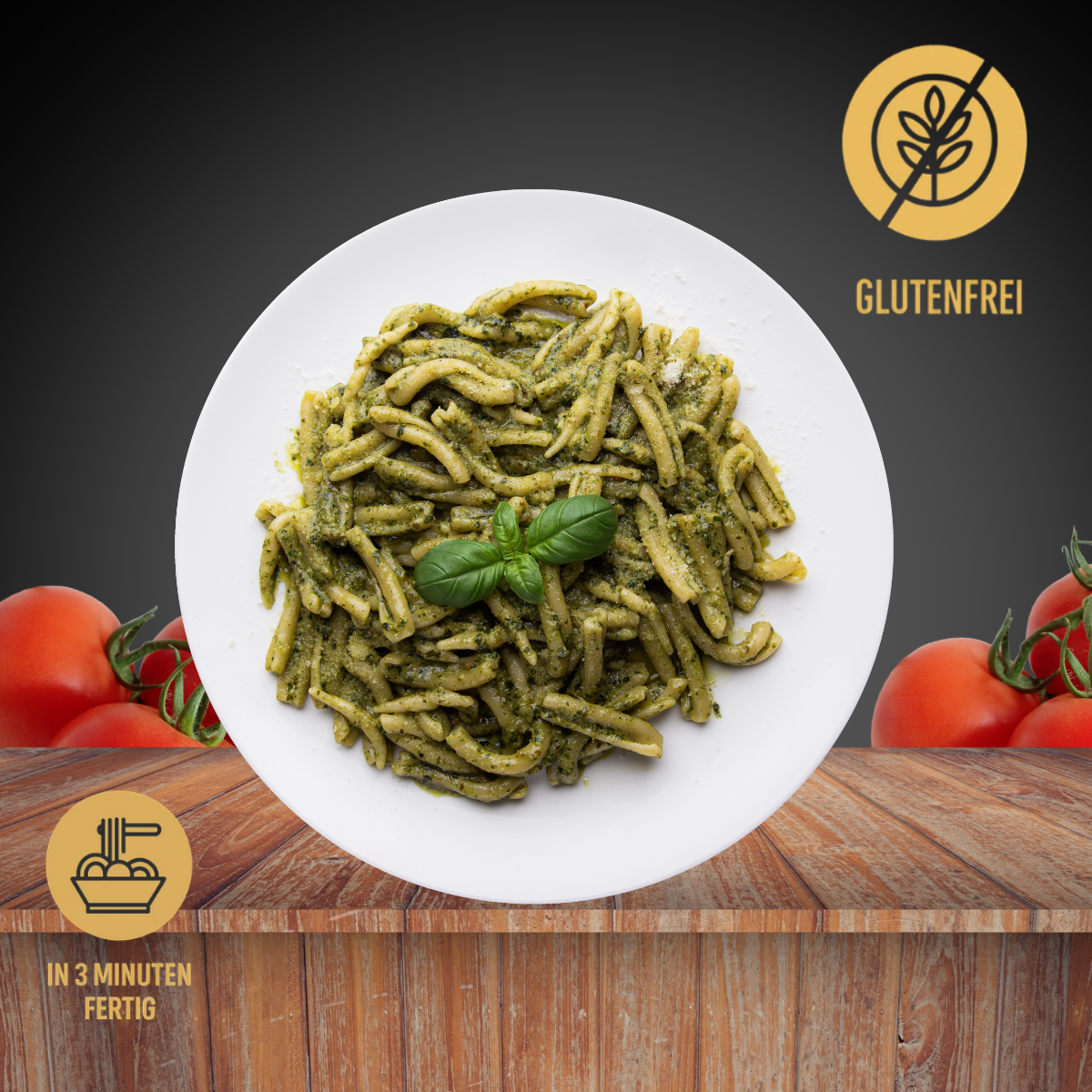 Glutenfreie Maccheroni mit Pesto